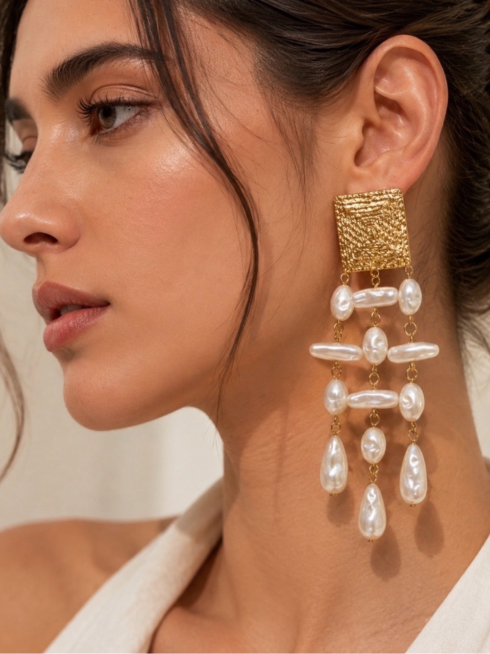 Anthropologie Gold and Pearl Baroque Chandelier Earrings
